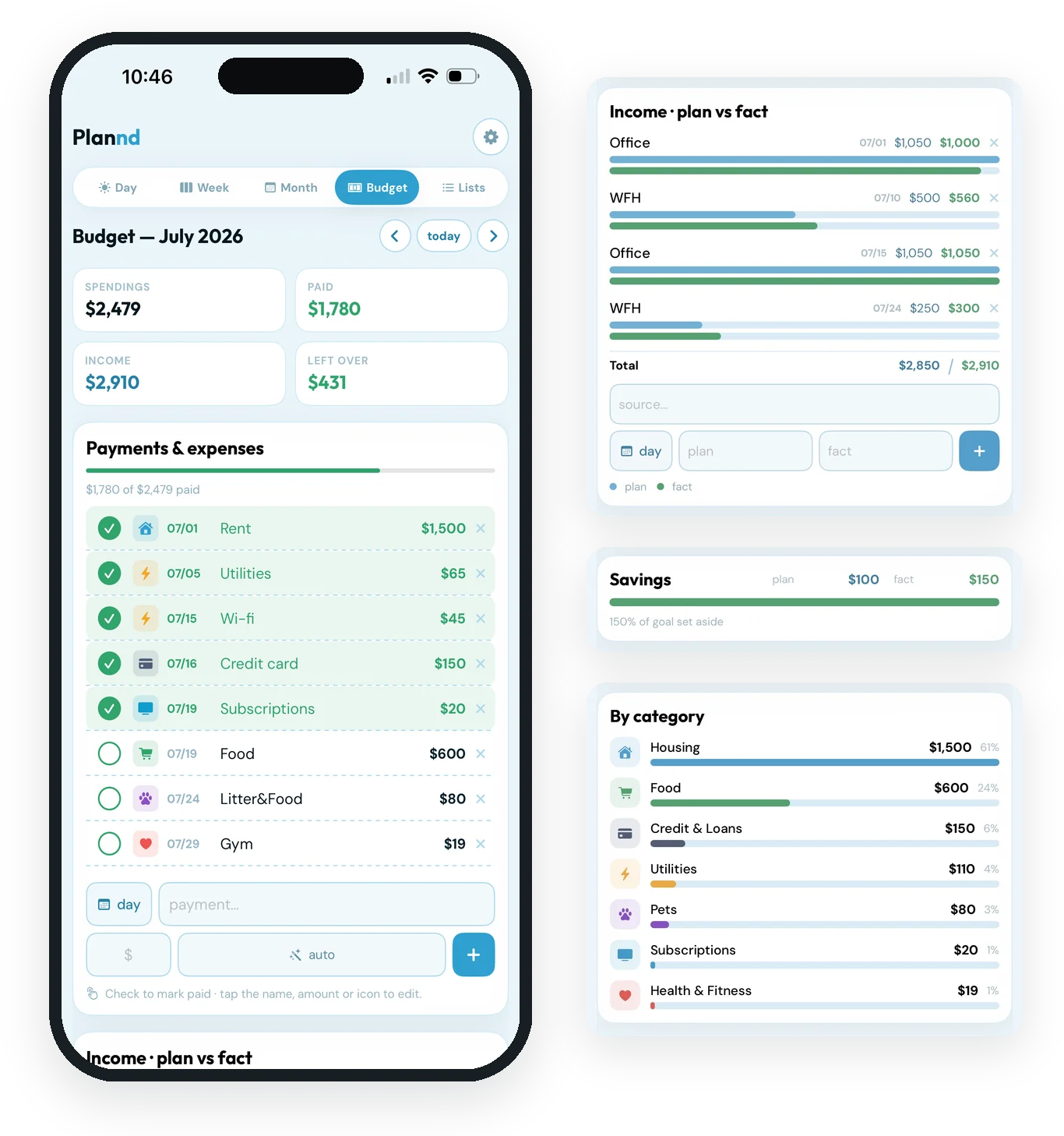 Plannd budget on iPhone with income, savings and category breakdown
