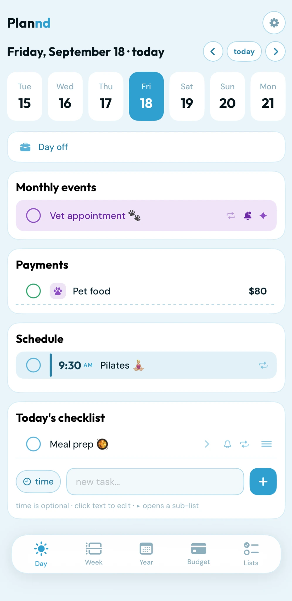 Plannd day view with schedule, birthday and checklist
