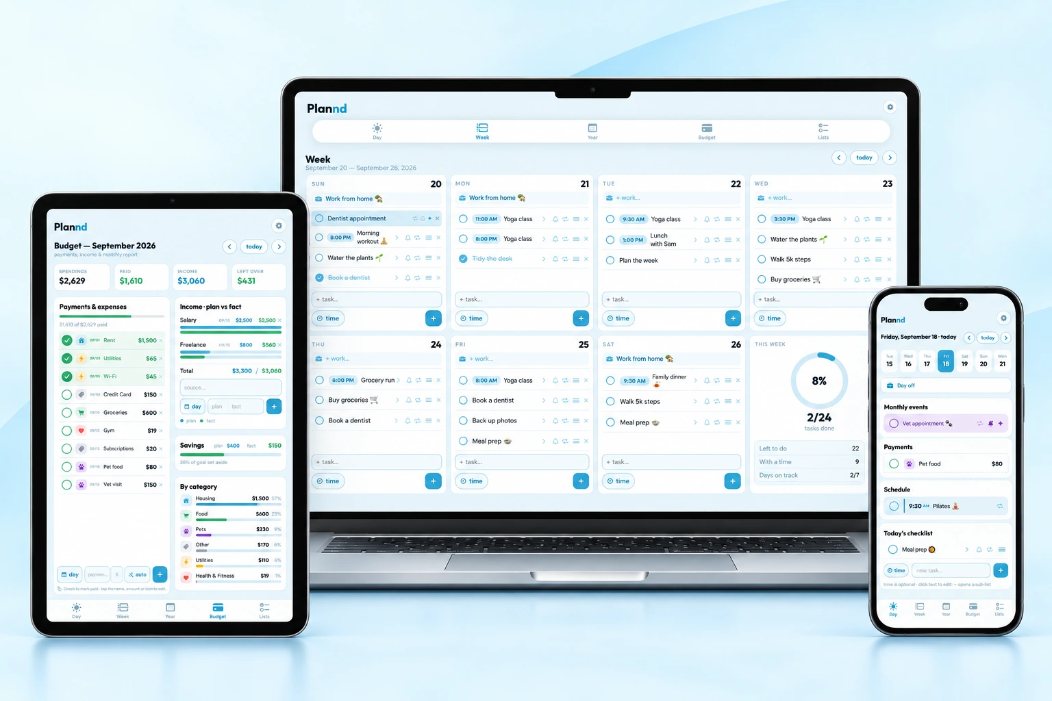 Plannd on MacBook, iPad and iPhone with the updated weekly planner, budget and day view