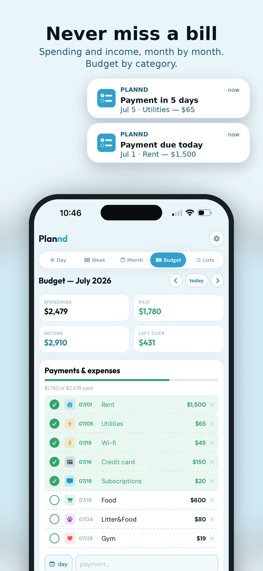 Plannd budget view on iPhone