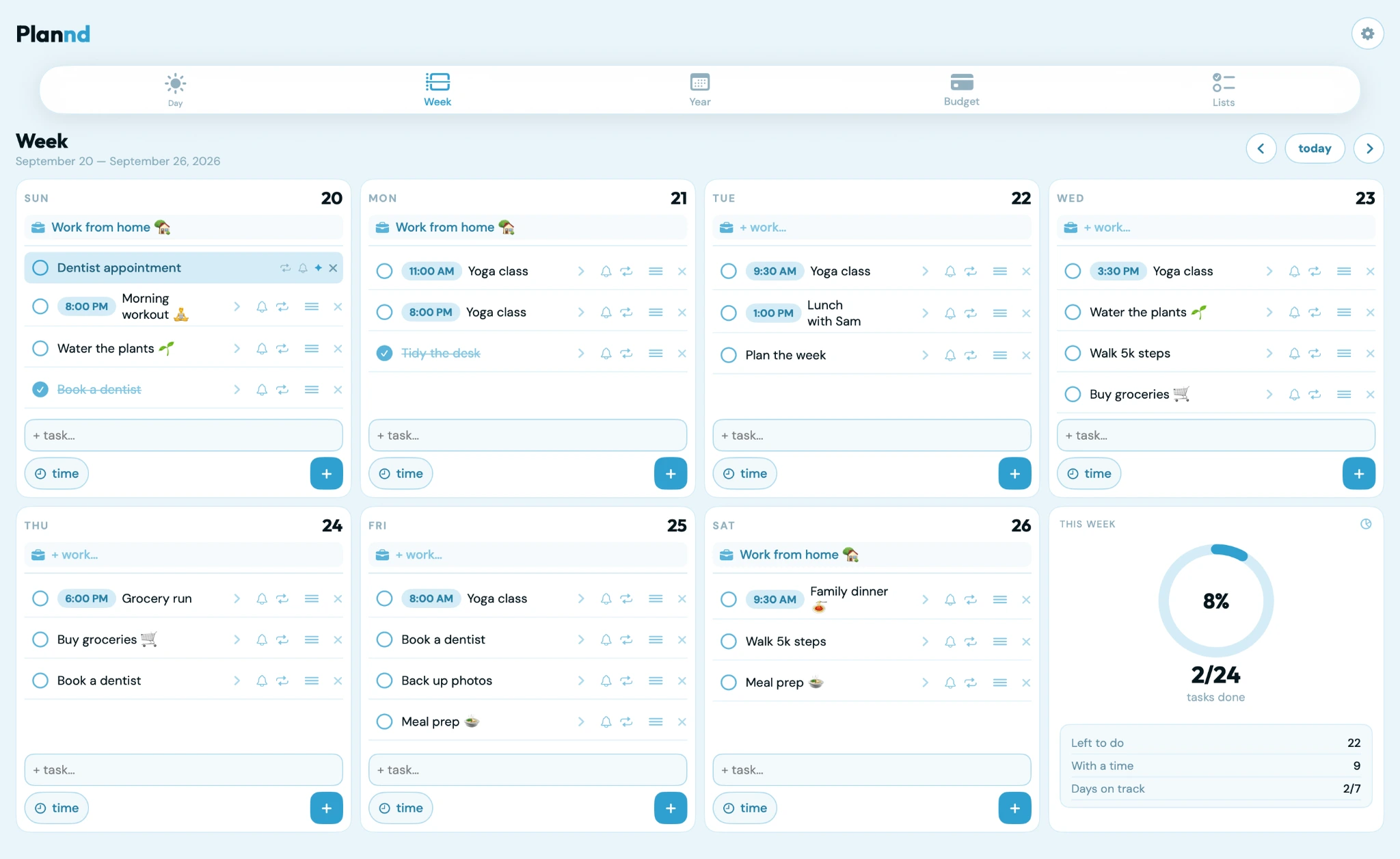 Plannd weekly planner with seven days and progress statistics